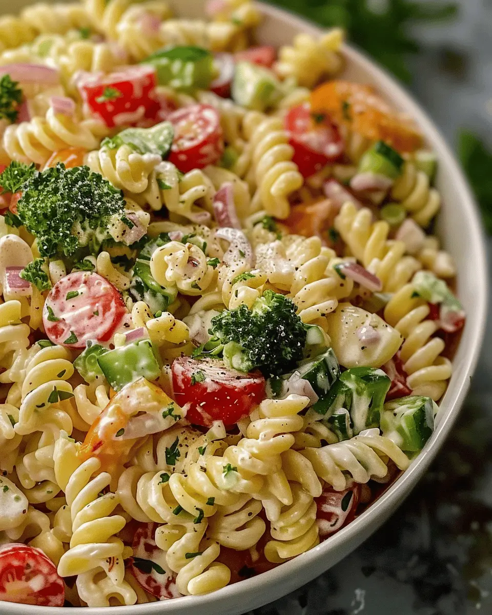 Creamy High Protein Pasta Salad with Turkey Bacon and Chicken Ham