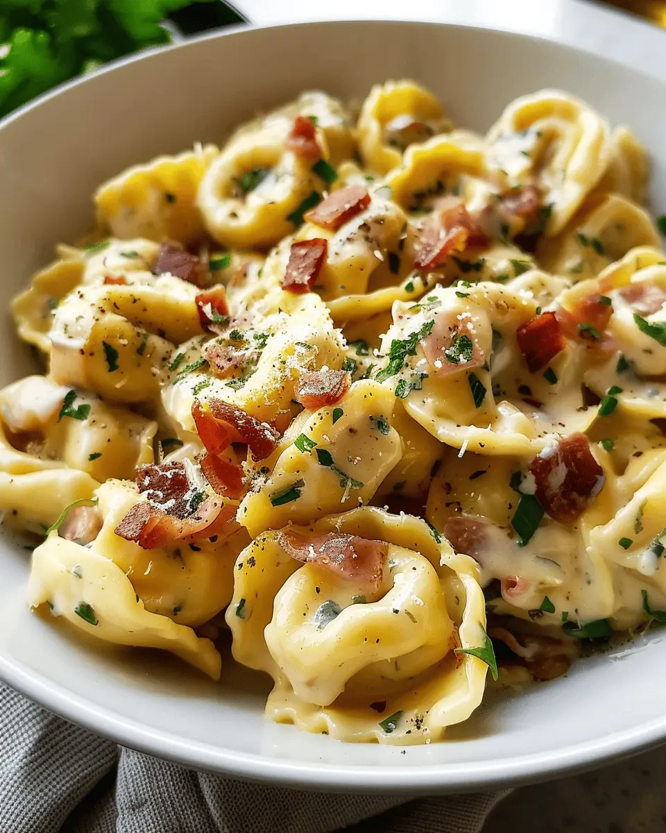 Irresistible 20-Minute Creamy Tortellini Carbonara Recipe with Turkey Bacon and Chicken Ham