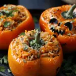 Spooky & Delicious Shredded Chicken & Rice Stuffed Peppers (Halloween Style)