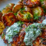 Spicy Yogurt Marinated Chicken with Dill Feta Cream & Crispy Baby Potatoes