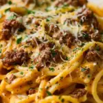 Cajun Beef Spaghetti in Creamy Three-Cheese Parmesan Sauce