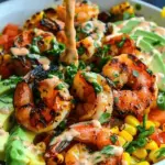 Grilled Shrimp Bowl with Avocado, Corn Salsa & Creamy Sauce