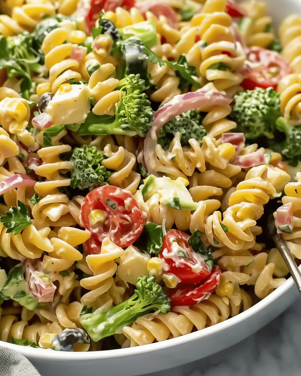 Creamy High Protein Pasta Salad with Turkey Bacon and Chicken Ham