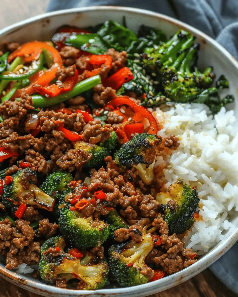 Spicy Ground Beef Stir-Fry Bowl with Garlic Veggies & Steamy Rice