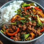 Spicy Ground Beef Stir-Fry Bowl with Garlic Veggies & Steamy Rice
