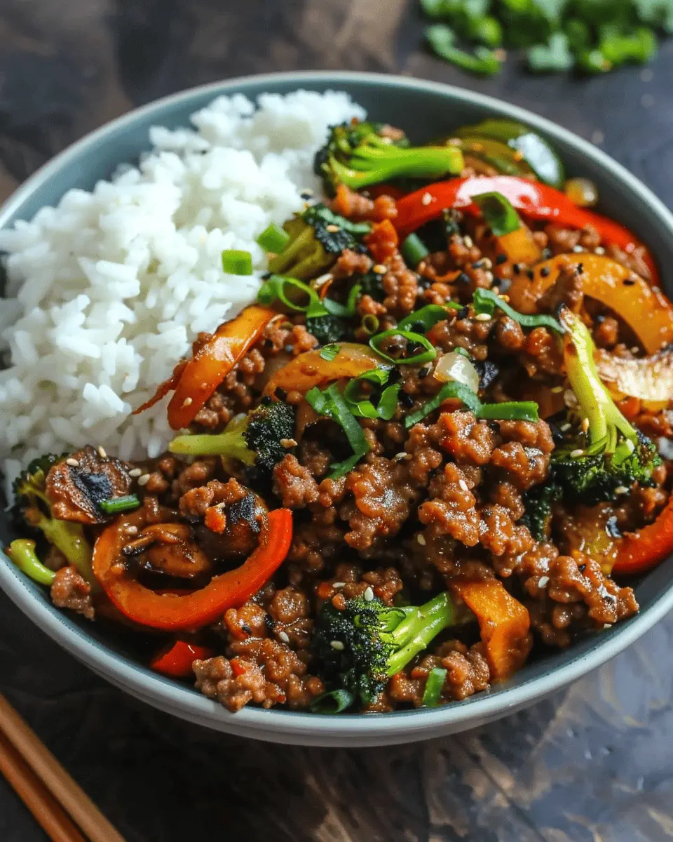 Spicy Ground Beef Stir-Fry Bowl: Easy Garlic Veggies & Rice