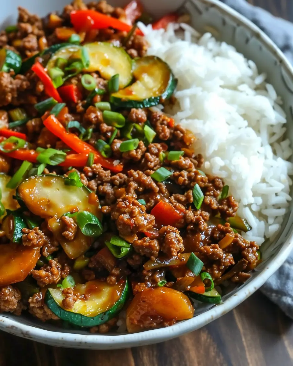 Spicy Ground Beef Stir-Fry Bowl with Garlic Veggies &amp; Steamy Rice